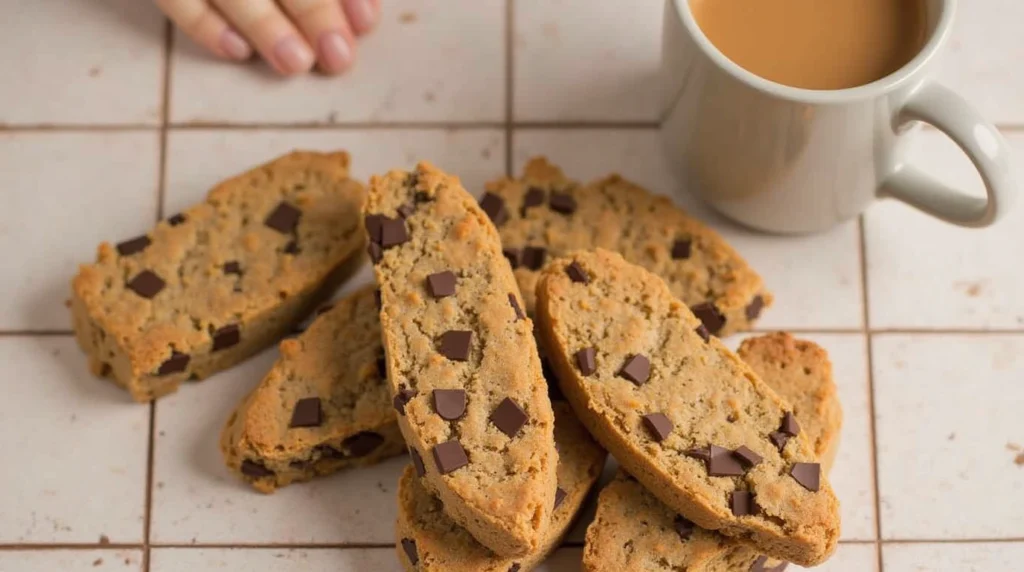 Freshly baked cappuccino biscotti arranged on a wooden board with a cup of steaming cappuccino.