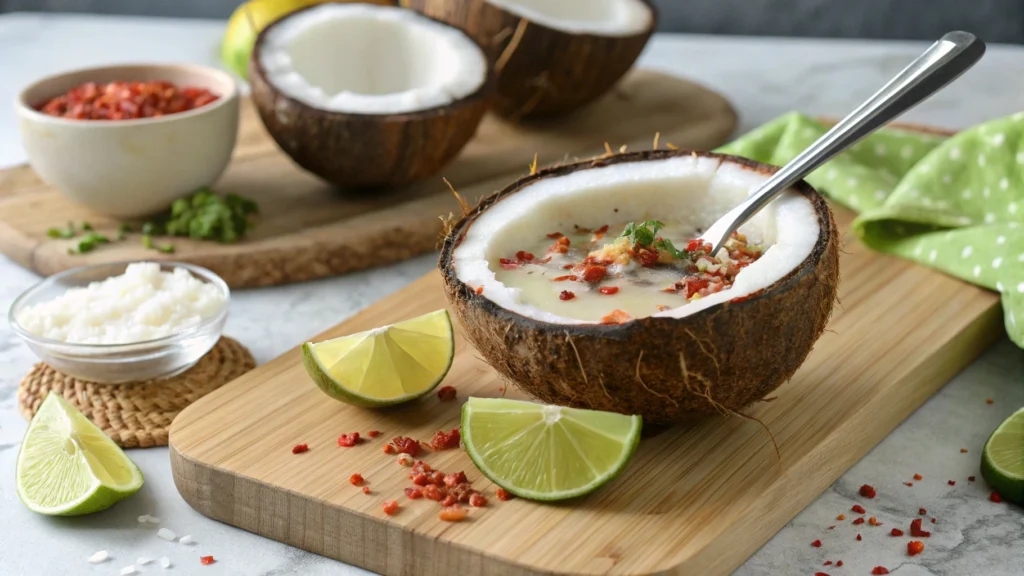 A colorful coconut smoothie bowl topped with tropical fruits like mango, kiwi, and shredded coconut flakes.