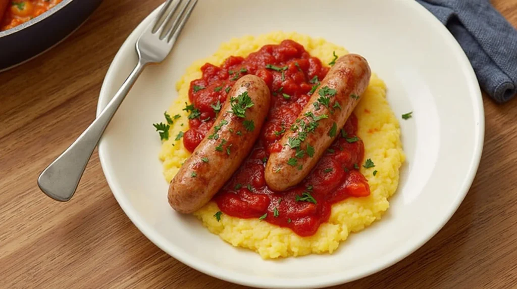 Creamy polenta topped with sautéed Italian sausage, bell peppers, and onions, garnished with fresh parsley.