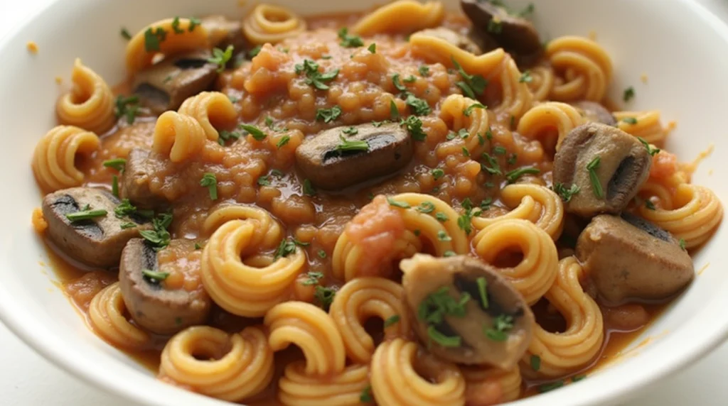 Thick, simmering mushroom ragu sauce bubbling gently in a large pot, with visible chunks of mushrooms and herbs.