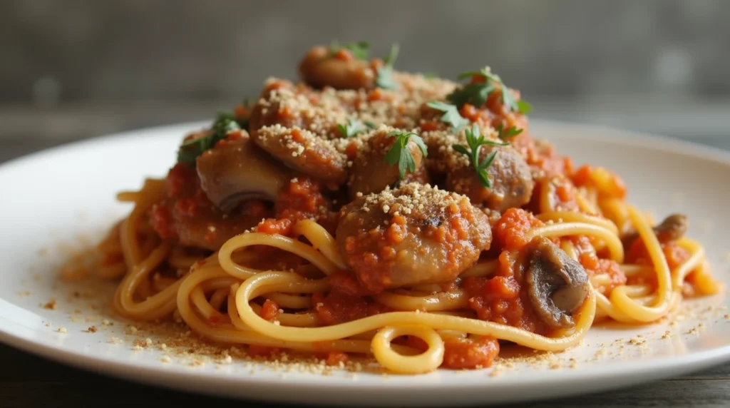 A close-up shot of mushroom ragu simmering in a large pot on the stove, releasing steam and filling the air with aroma.
