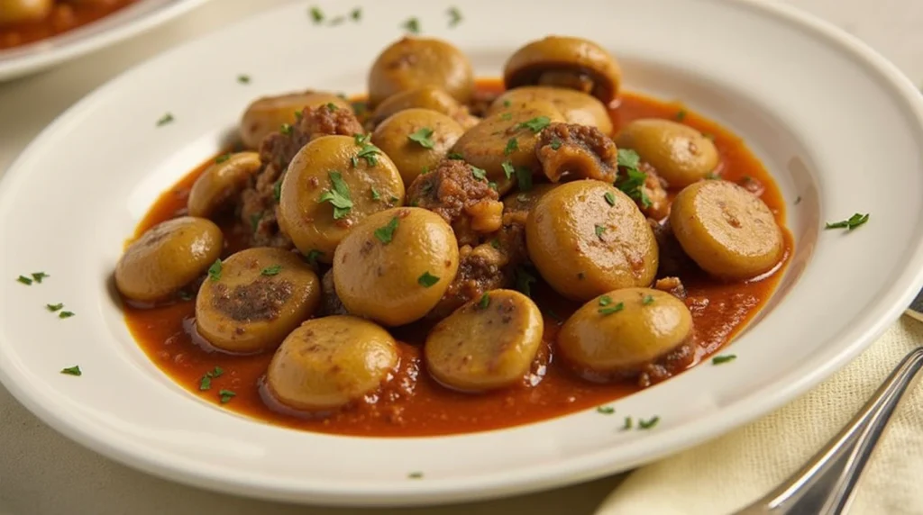 Golden-brown sautéed mushrooms in a skillet with garlic and olive oil, releasing aromatic steam.