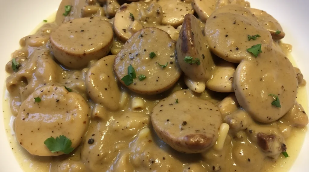 Sliced mushrooms being sautéed in a skillet with garlic and butter over medium heat.