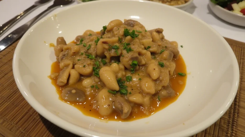 Fresh mushrooms including cremini, shiitake, and button varieties arranged on a wooden cutting board.