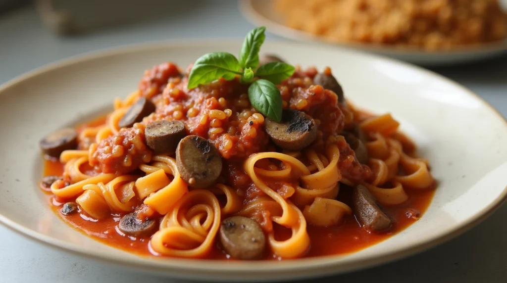 A steaming bowl of mushroom ragu served over spaghetti, garnished with fresh basil leaves.