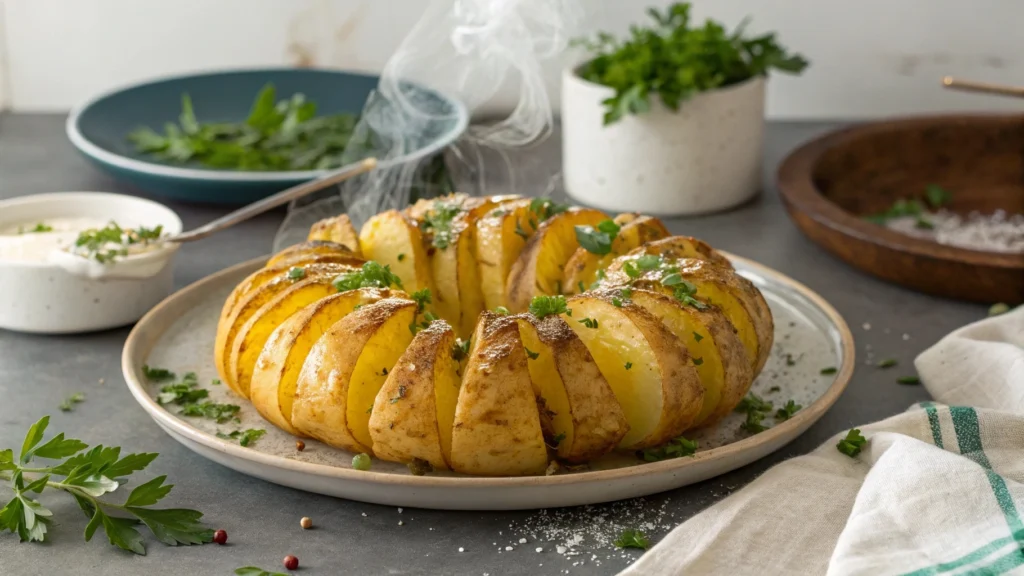 Baked sweet potatoes served with a sprinkle of herbs