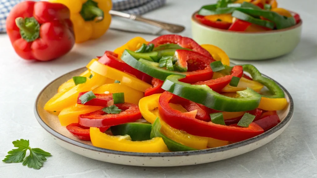 Crisp sliced bell peppers in a fresh salad, highlighting their raw benefits and uses