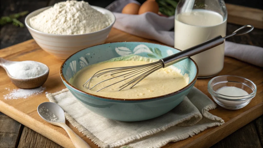 Smooth pancake mix batter in glass bowl with whisk, showing perfect lump-free consistency