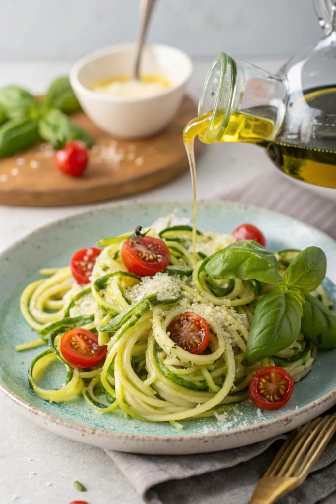 Sautéed zucchini noodles with shrimp, red peppers and sesame seeds in wok