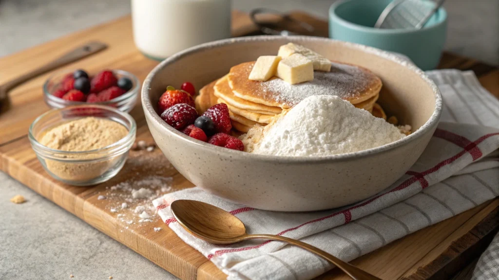Golden-brown fluffy pancakes made from pancake mix with melting butter and maple syrup drizzle