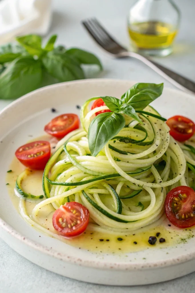Colorful bowl of spiralized zucchini noodles topped with cherry tomatoes, avocado, and grilled chicken