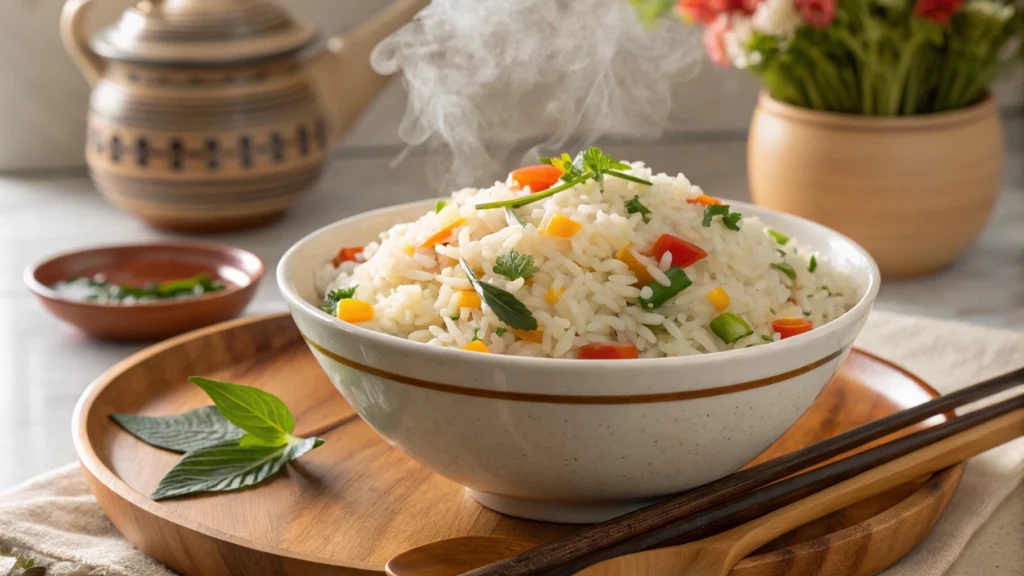 Fluffy Basmati rice in white bowl, perfectly cooked.