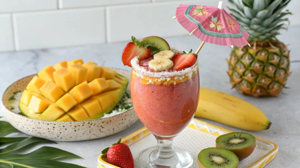 Person enjoying a refreshing Tropical Twist Smoothie in the sun.