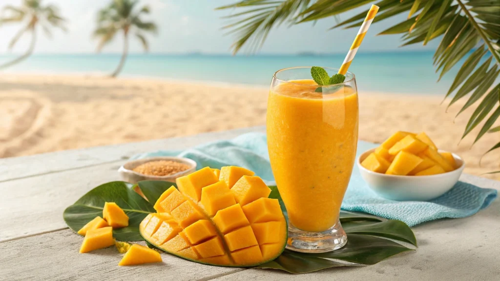 Refreshing Mango Tango Smoothie being poured from a blender into a serving glass.