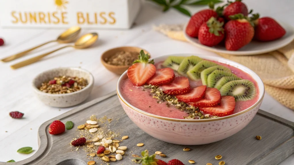A garnished Strawberry Sunrise drink on a table with a hand reaching to pick it up, suggesting enjoyment on a sunny day.