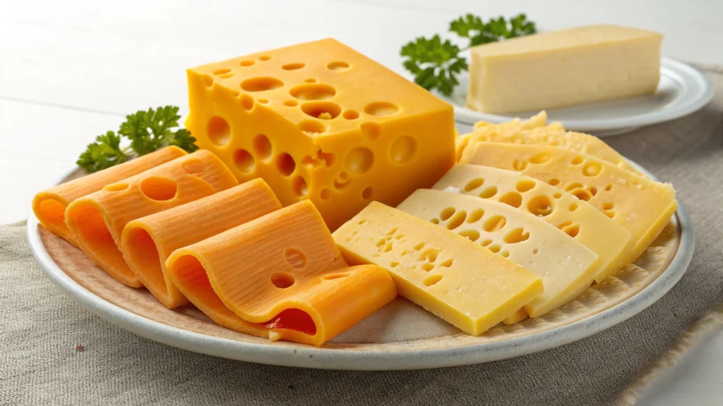 Cheese platter featuring Cheddar, Brie, Swiss, and other varieties.