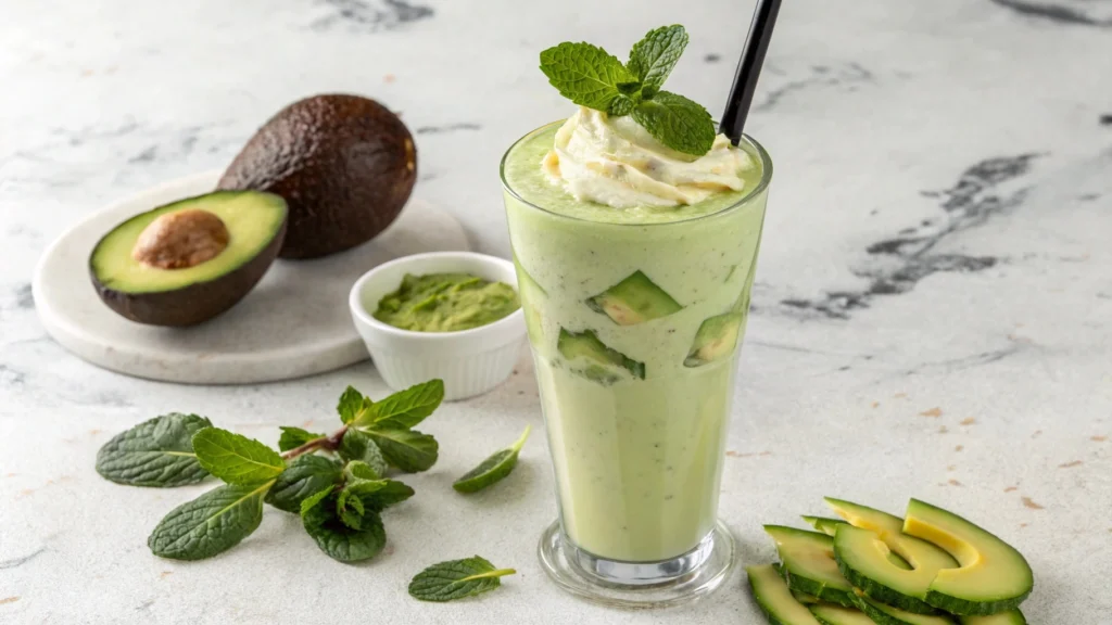 Avocado Dream Smoothie served with healthy breakfast bowl and fruit.