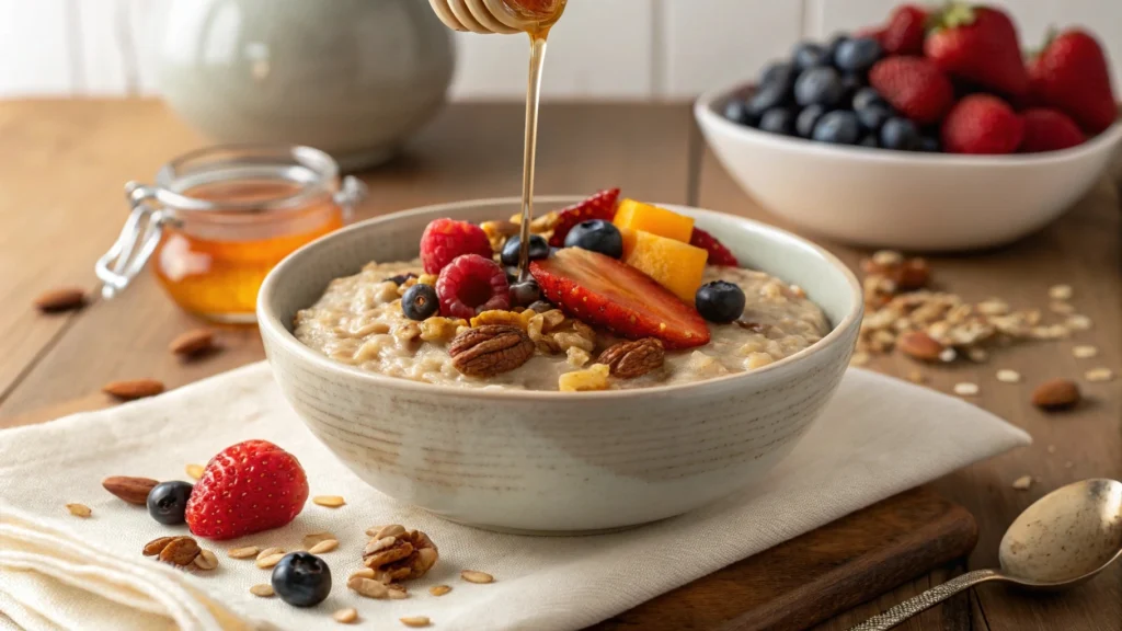 Warm oatmeal with cinnamon and sliced apples