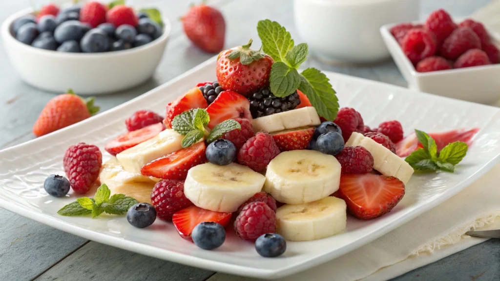 Glass of smoothie made from fresh bananas, strawberries, and blueberries