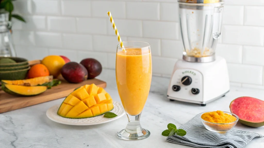 Hand operating a blender mixing fresh mango and orange juice for a smoothie.