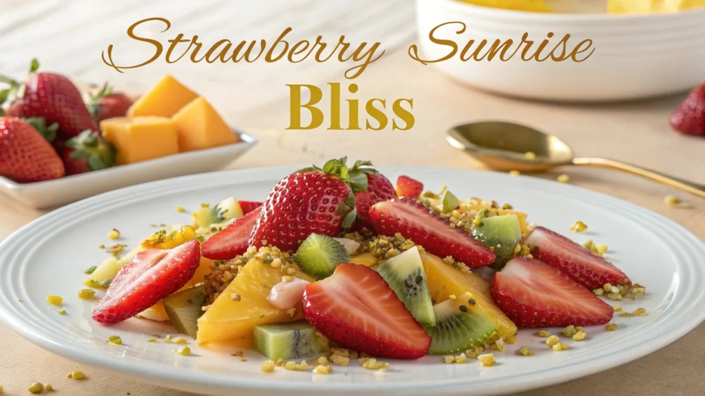 Hand slowly pouring grenadine over the back of a spoon into a glass with orange juice and ice to create a layered Strawberry Sunrise.