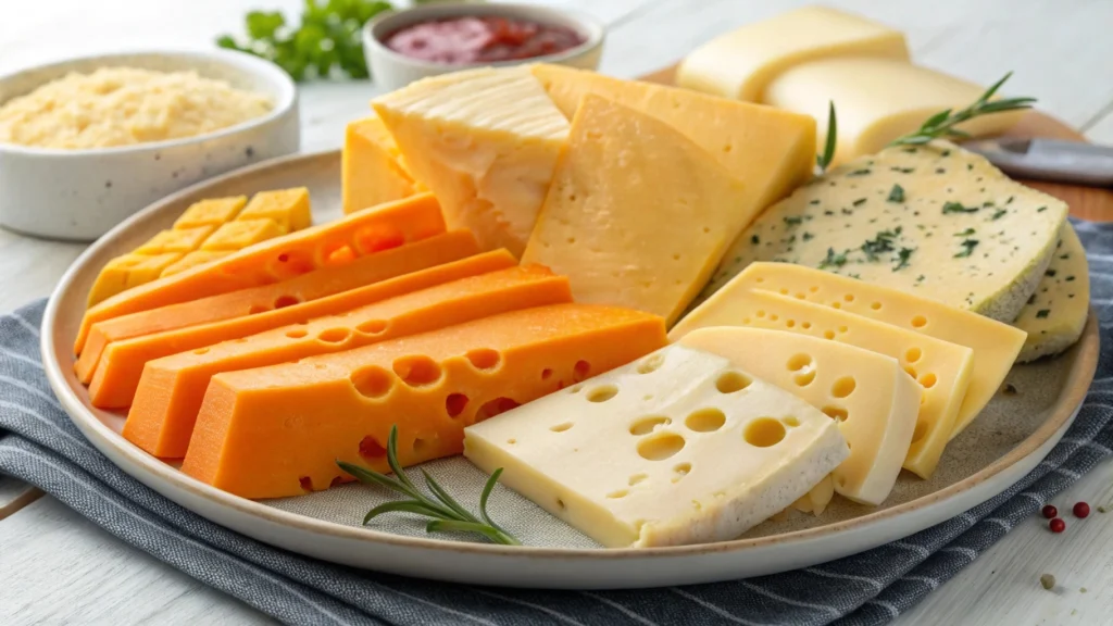 Swiss cheese with classic holes and a smooth texture.