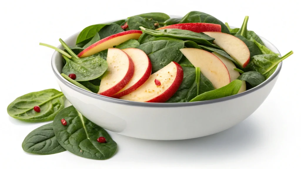Vibrant green Spinach & Apple Zing smoothie in a tall glass with a straw, garnished with a slice of apple.