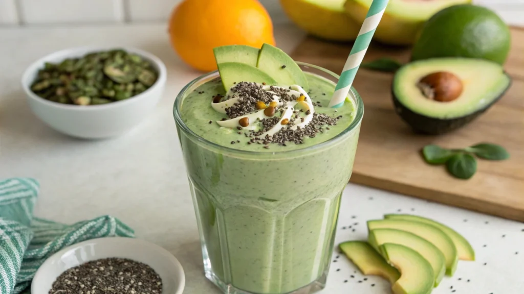 Person blending Avocado Dream Smoothie ingredients in a high-speed blender.