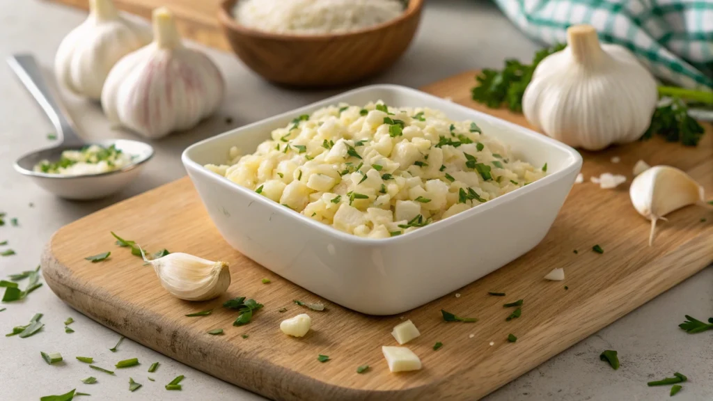 Roasted garlic mashed potatoes in a rustic bowl with a pat of butter