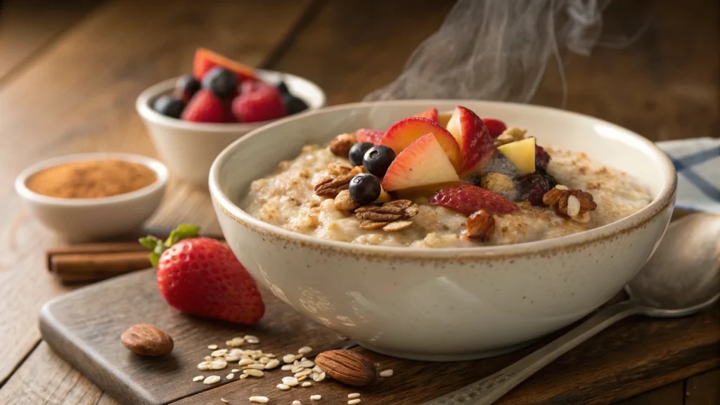 Overnight oats in jars with fruit and seeds