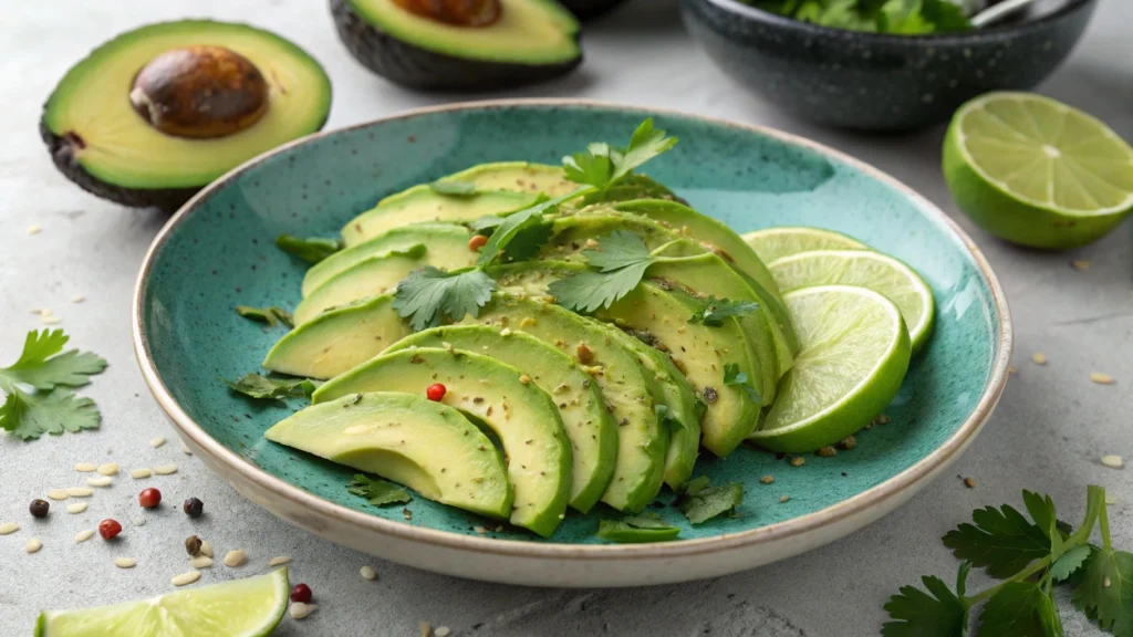 Sliced avocados on a wooden cutting board