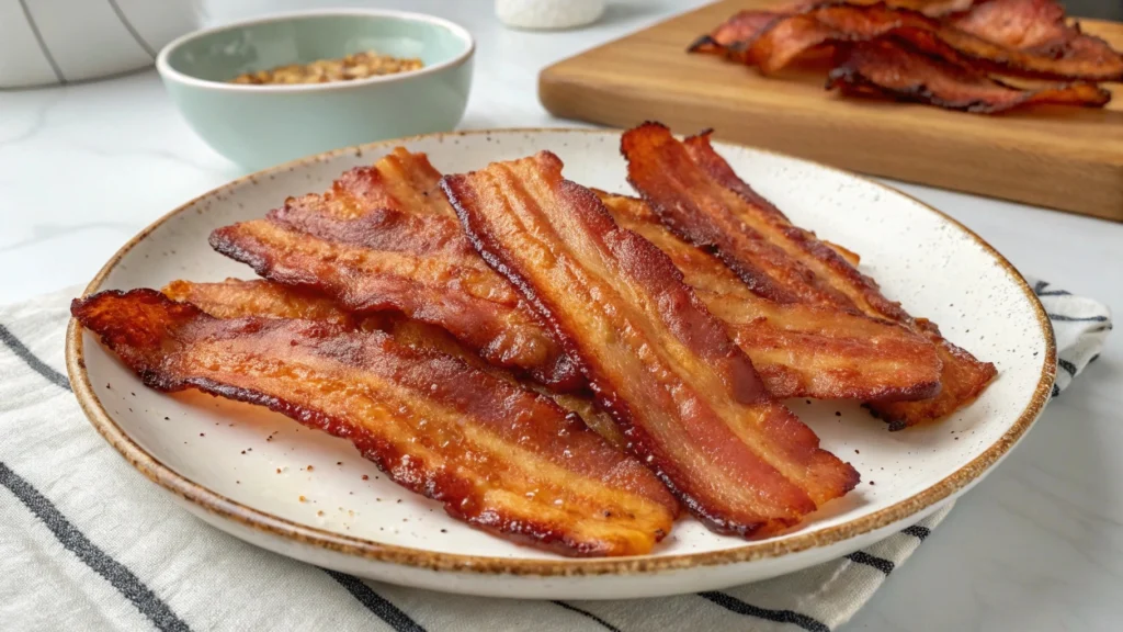 Air fryer bacon on a plate with herbs for garnish