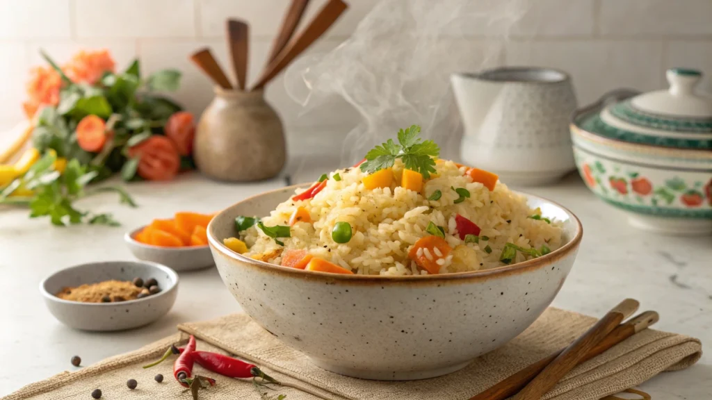 Fluffy Basmati rice in white bowl, perfectly cooked.
