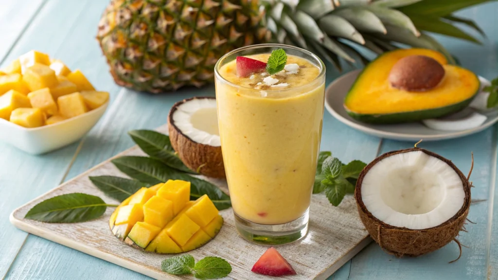 Pouring creamy Tropical Twist Smoothie from blender.