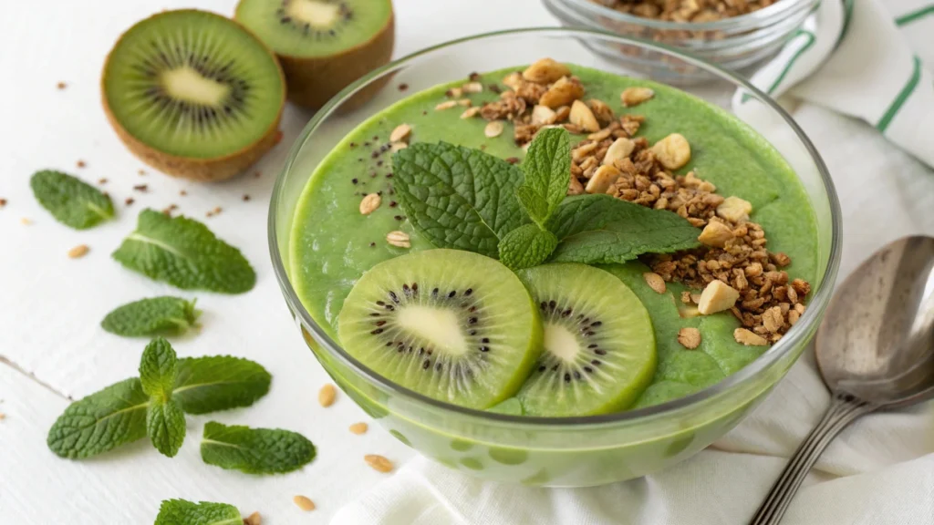 Green Power Smoothie ingredients: spinach, kale, berries, chia seeds, blender.