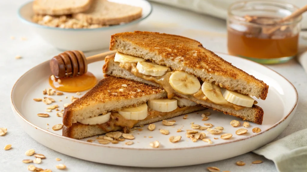 Peanut butter banana smoothie topped with nuts and honey.