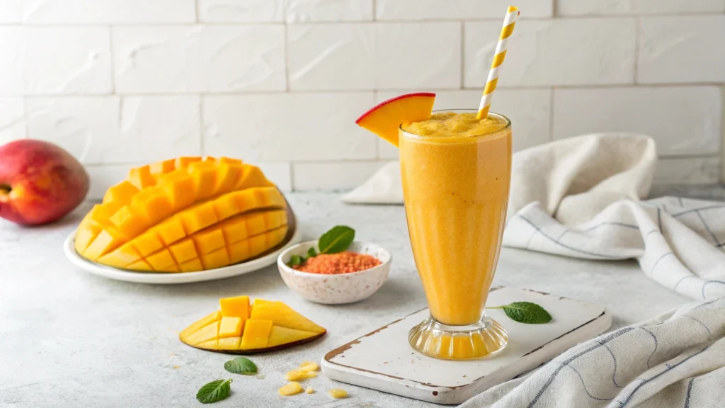Fresh ingredients for Mango Tango Smoothie including ripe mango, orange, pineapple, and a blender.