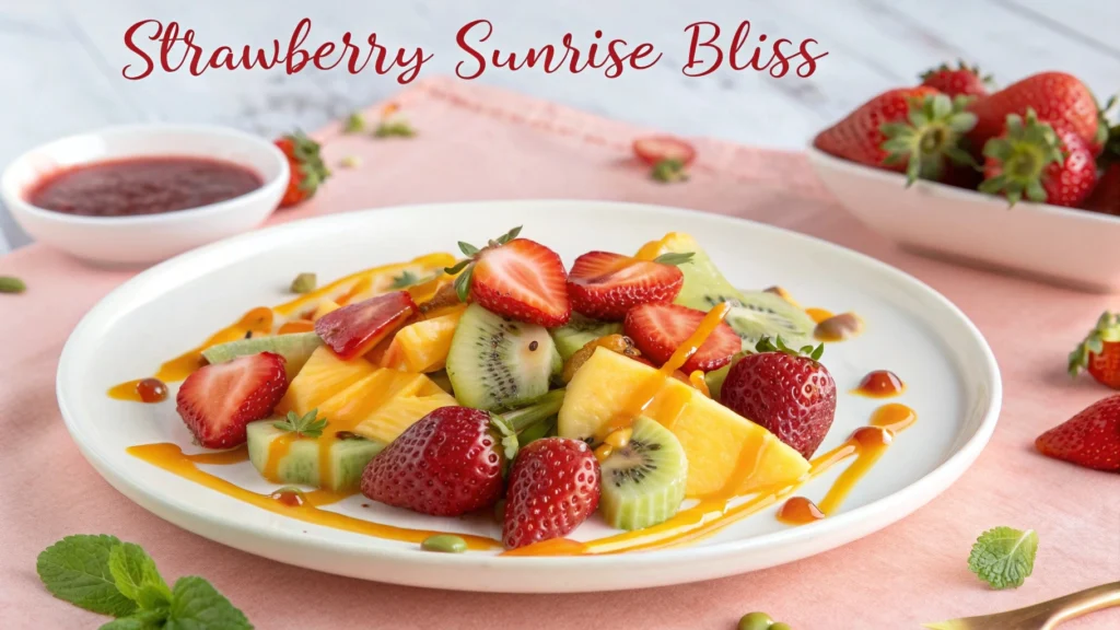 Overhead shot of fresh strawberries, a bottle of orange juice, a bottle of grenadine, and ice cubes arranged for making a Strawberry Sunrise.