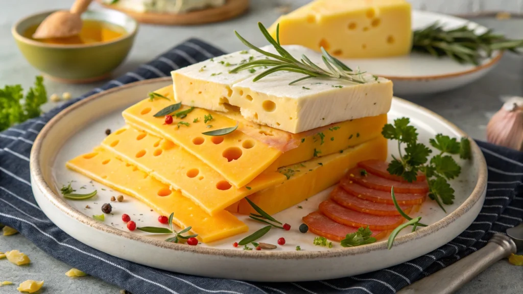 Sliced American cheese stacked on a plate.