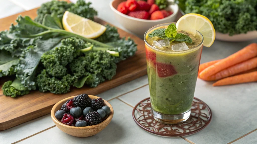 Prepped kale and fresh ingredients for a 7-day healthy eating plan