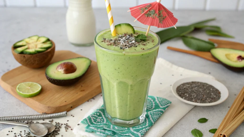 Fresh ingredients for Avocado Dream Smoothie including avocado, banana, spinach, and almond milk.