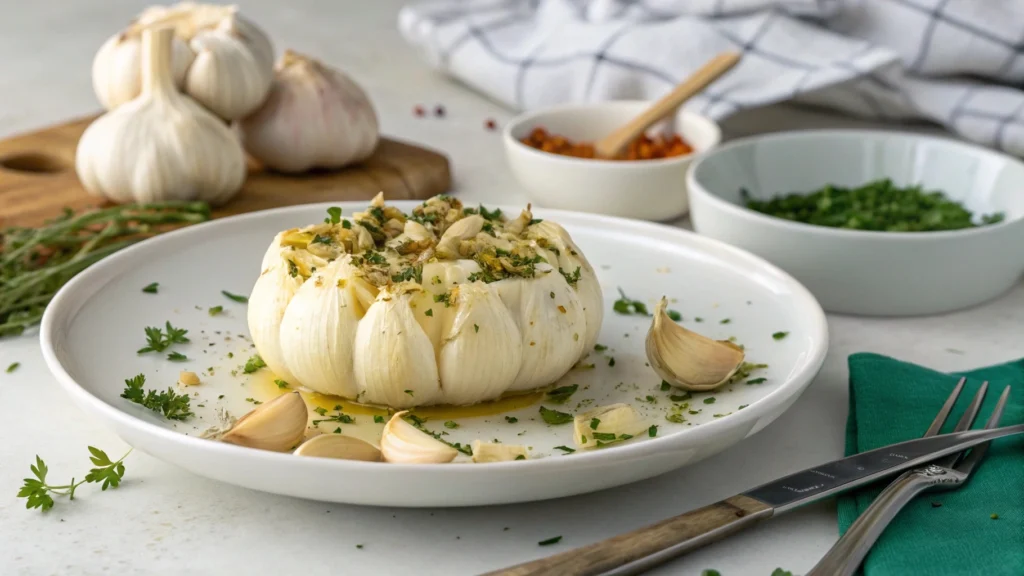 Creamy garlic pasta served in a white bowl with parsley garnish