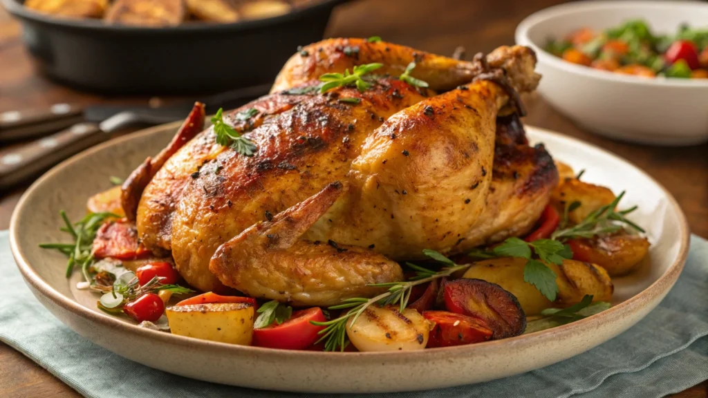 Golden brown whole roasted chicken in a cast-iron skillet