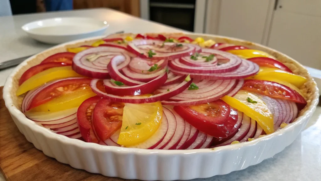Green salad with sliced red onions, tomatoes, and cucumbers