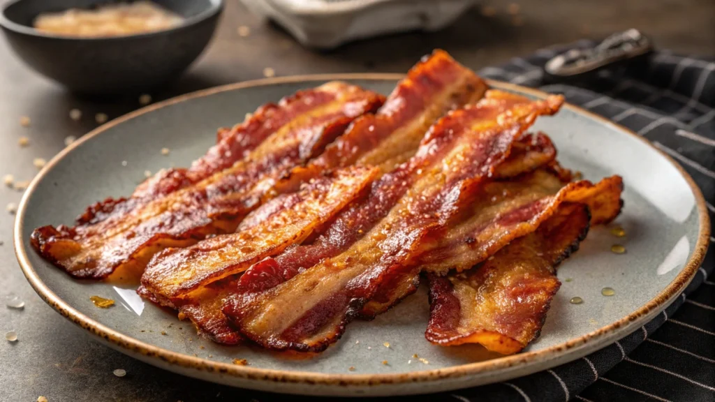 Oven-baked bacon on a wire rack lined with foil
