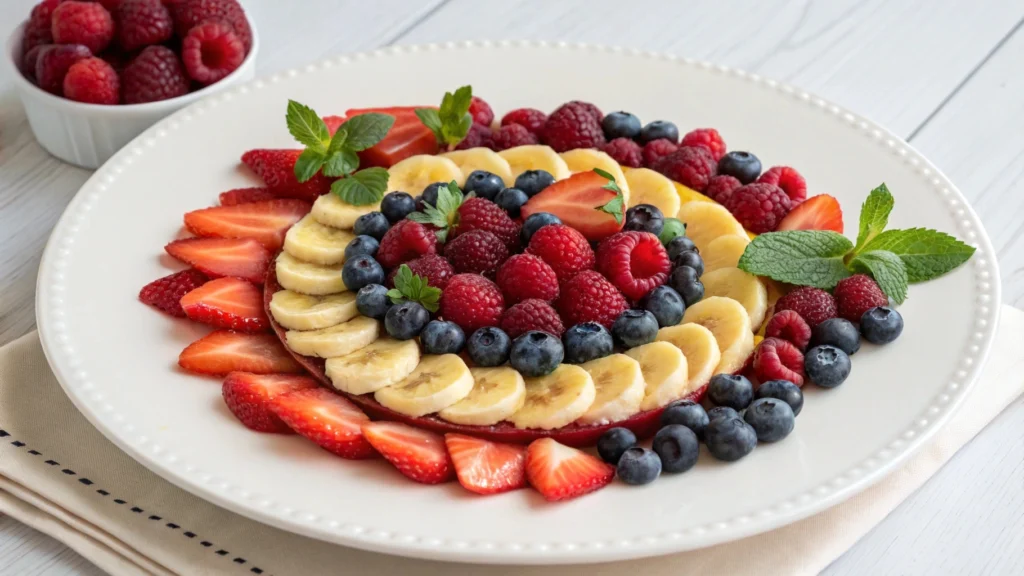 Bowl of fresh mixed berries and sliced banana on a wooden table