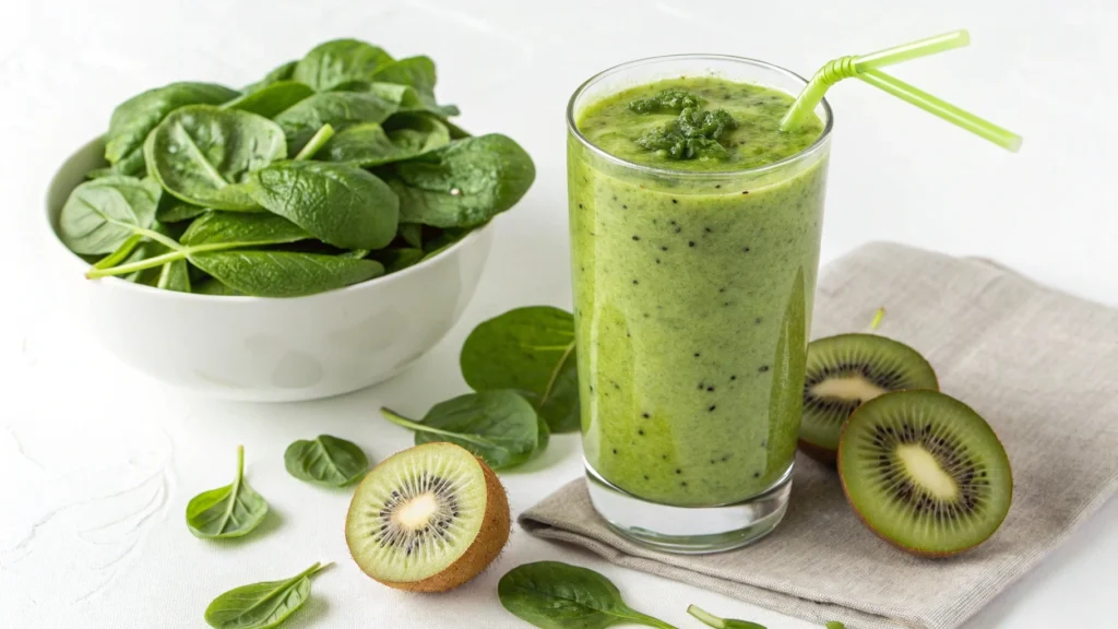 Vibrant Green Power Smoothie with spinach and berries.