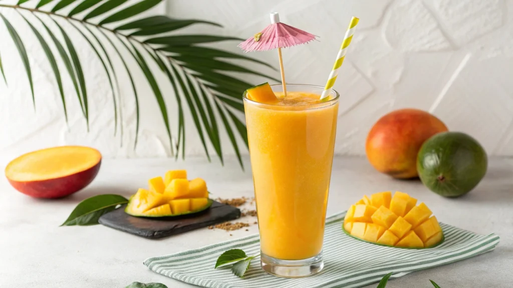 Refreshing Mango Tango Smoothie in a tall glass with a straw, garnished with a lime slice and mint.