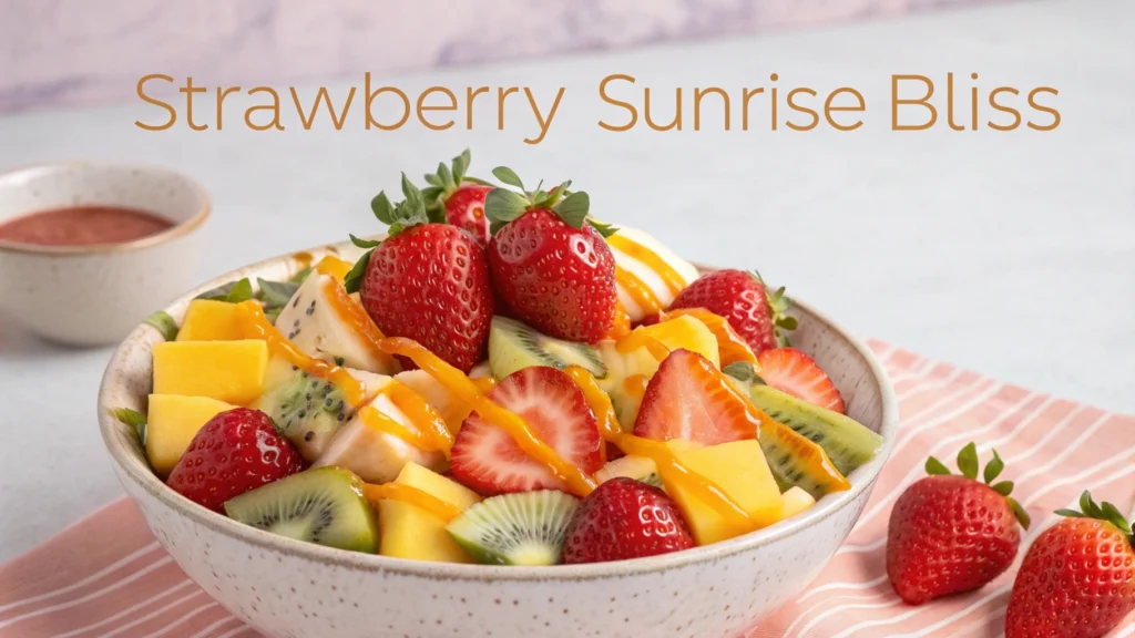 A vibrant, layered Strawberry Sunrise drink in a tall glass with ice, garnished with fresh strawberry slices and an orange wheel.
