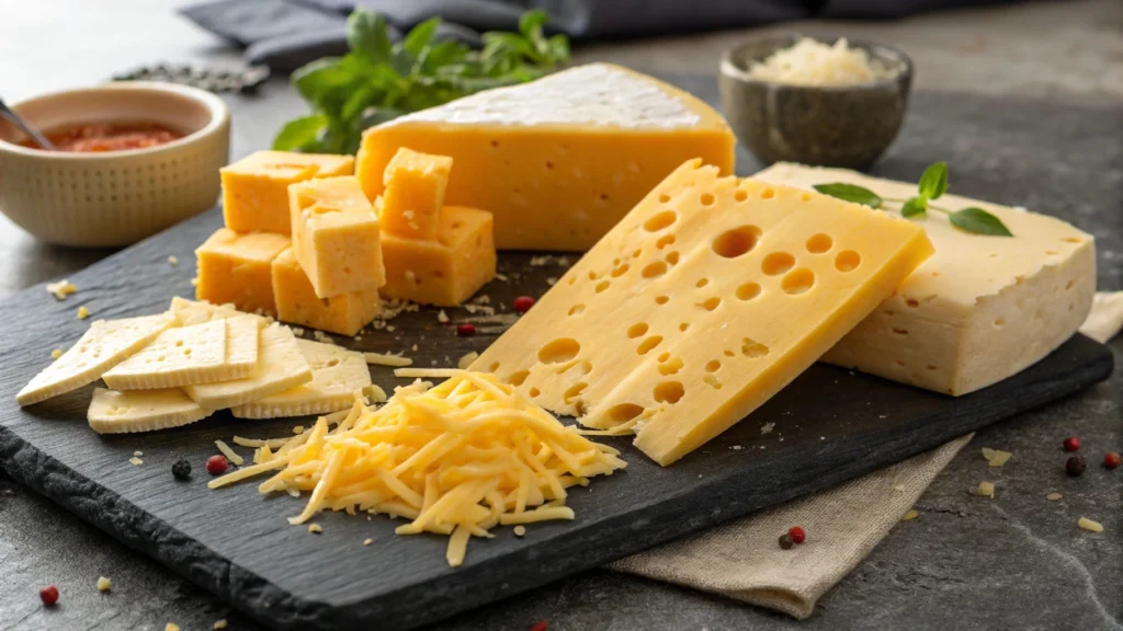 Block of Cheddar cheese on a wooden cutting board.